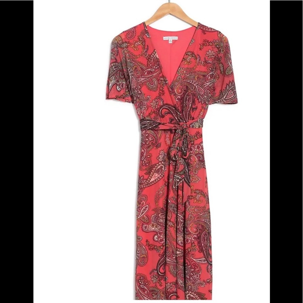 NWOT Sandra Darren Paisley Flutter Sleeve Chiffon Dress In Coral Multi - Picture 1 of 3
